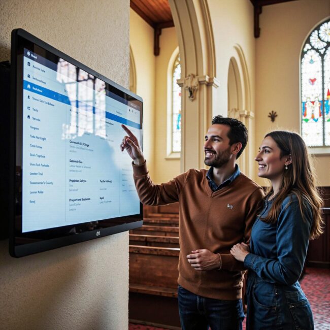 Church members engaging with a digital directory related to Community Resource Church Directory Integration: Beyond Member Listings in an indoor setting