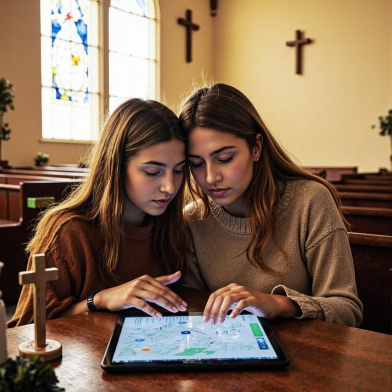 Church members engaging with a digital directory related to Environmental Stewardship Initiatives: Church Directory Support for Creation Care in an indoor setting