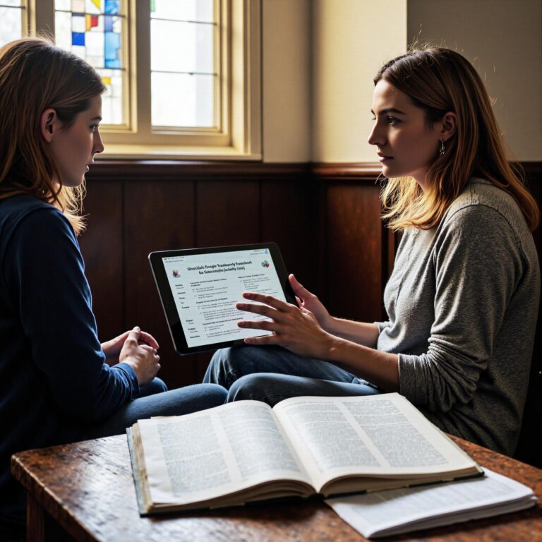 Church members engaging with a digital directory related to Financial Transparency Framework: Church Directory Applications for Clear Communication in an indoor setting