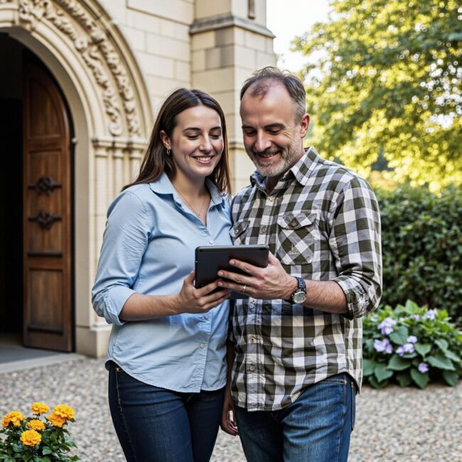 Church members engaging with a digital directory related to Continuing Education Coordination: Learning Pathways Through Church Directories in an outdoor setting
