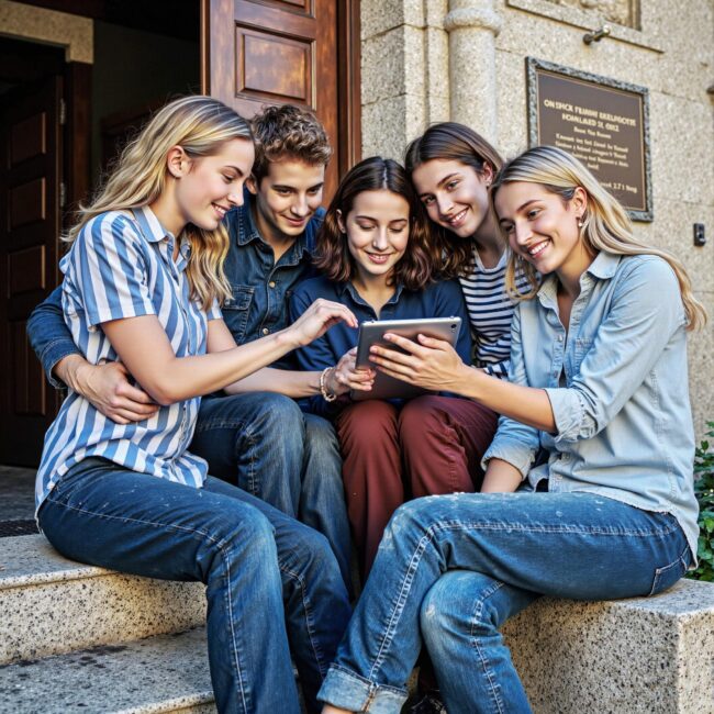 Church members engaging with a digital directory related to Educational Partnership Management: School Connection Through Church Directories in an outdoor setting
