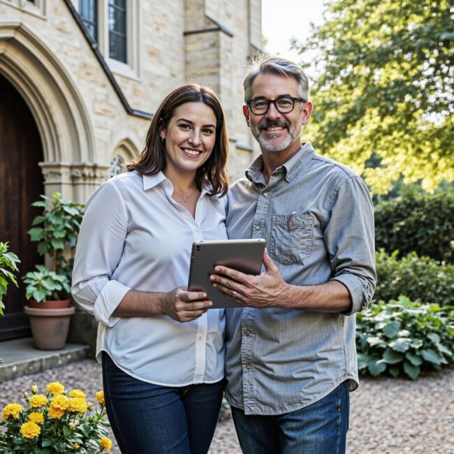 Church members engaging with a digital directory related to International Mission Coordination: Global Impact Through Church Directory Systems in an outdoor setting