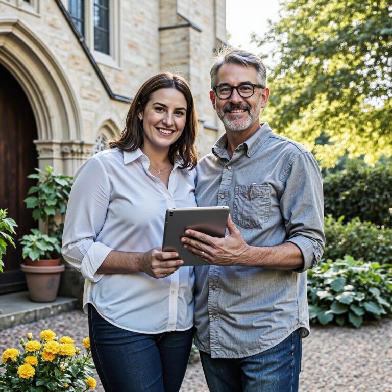 Church members engaging with a digital directory related to International Mission Coordination: Global Impact Through Church Directory Systems in an outdoor setting