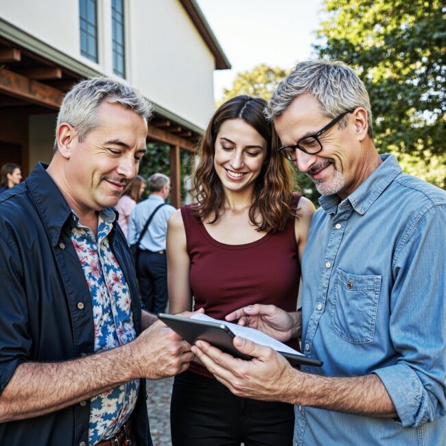 Church members engaging with a digital directory related to Health Ministry Foundation: Wellness Resource Integration in Church Directories in an outdoor setting
