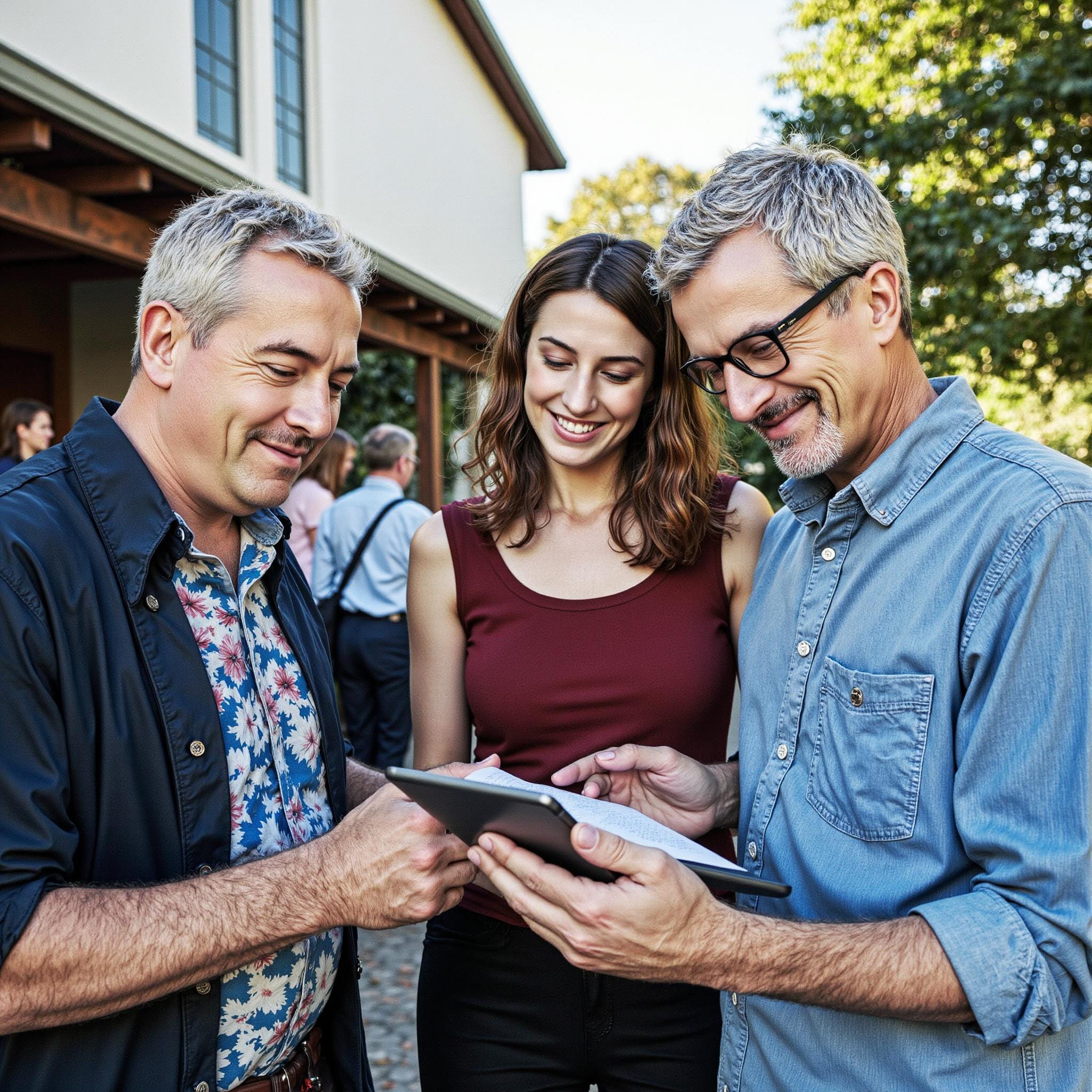 Church members engaging with a digital directory related to Health Ministry Foundation: Wellness Resource Integration in Church Directories in an outdoor setting