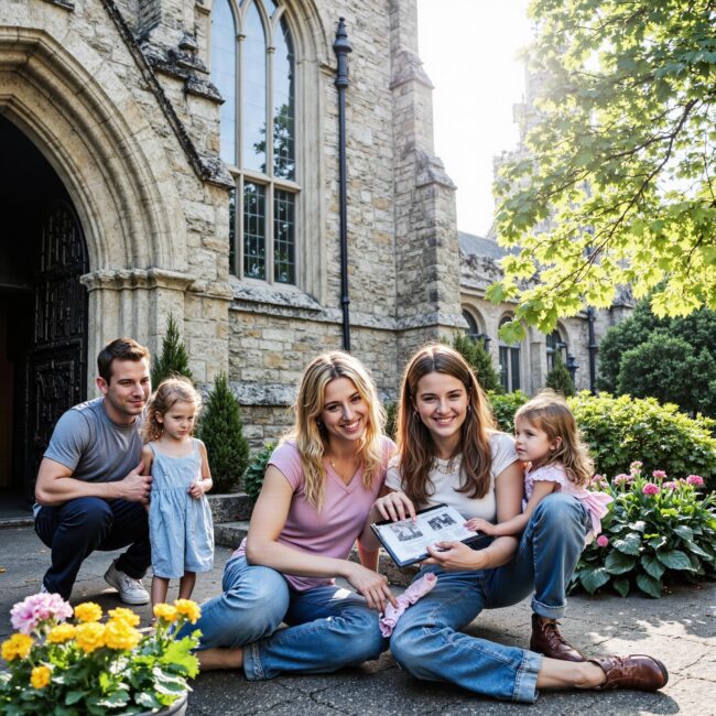 Church members engaging with a digital directory related to Collaborative Church Networks: Using Church Directories to Connect Congregations in an outdoor setting