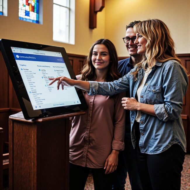 Church members engaging with a digital directory related to Social Justice Initiative Support: Church Directory Applications for Community Action in an indoor setting