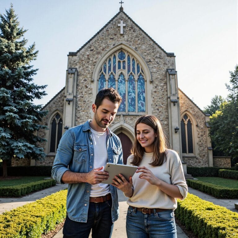 Church members engaging with a digital directory related to Mentorship Connection Generator: Linking New Members with Leaders Through Church Directories in an outdoor setting