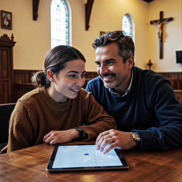 Church members engaging with a digital directory related to Outreach Initiative Coordination: Church Directory Systems for Community Impact in an indoor setting