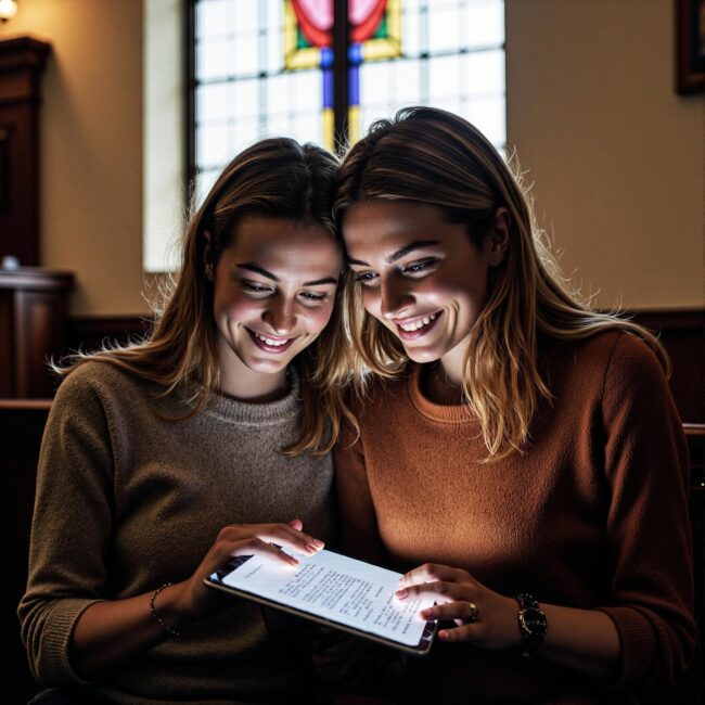 Church members engaging with a digital directory related to Engagement Psychology: Scientific Approaches to Church Directory Participation in an indoor setting