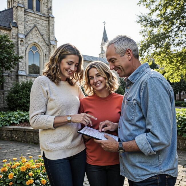 Church members engaging with a digital directory related to Ministry Skills Inventory: Using Church Directories to Match Talents with Needs in an outdoor setting