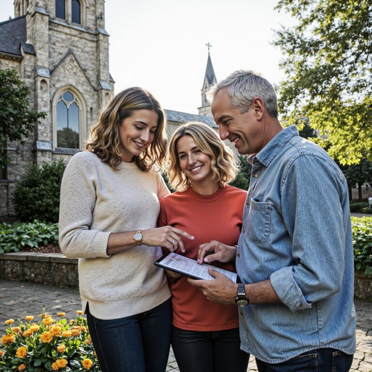 Church members engaging with a digital directory related to Ministry Skills Inventory: Using Church Directories to Match Talents with Needs in an outdoor setting