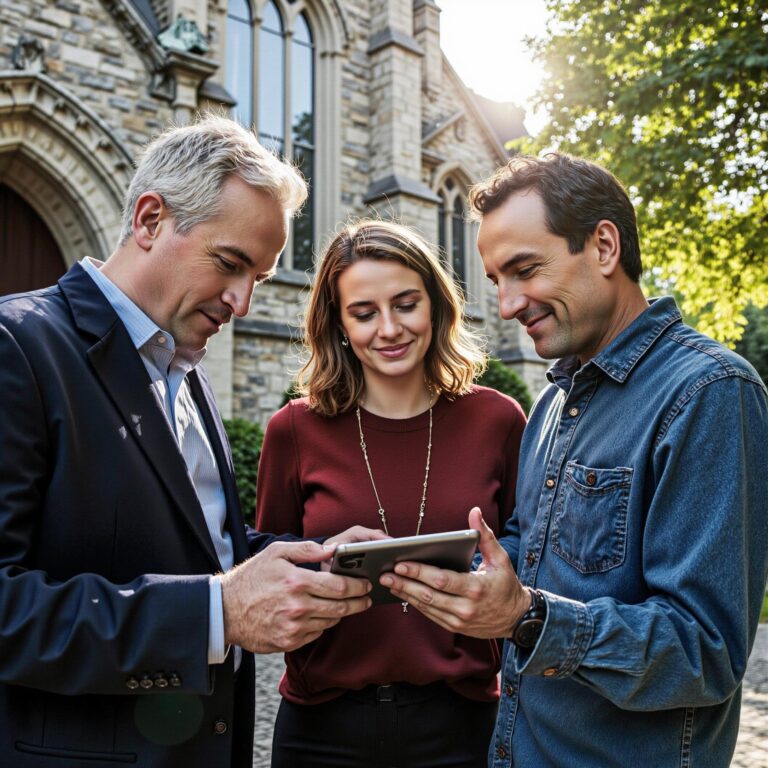 Church members engaging with a digital directory related to Leadership Transition Communication: Church Directory Roles During Organizational Change in an outdoor setting