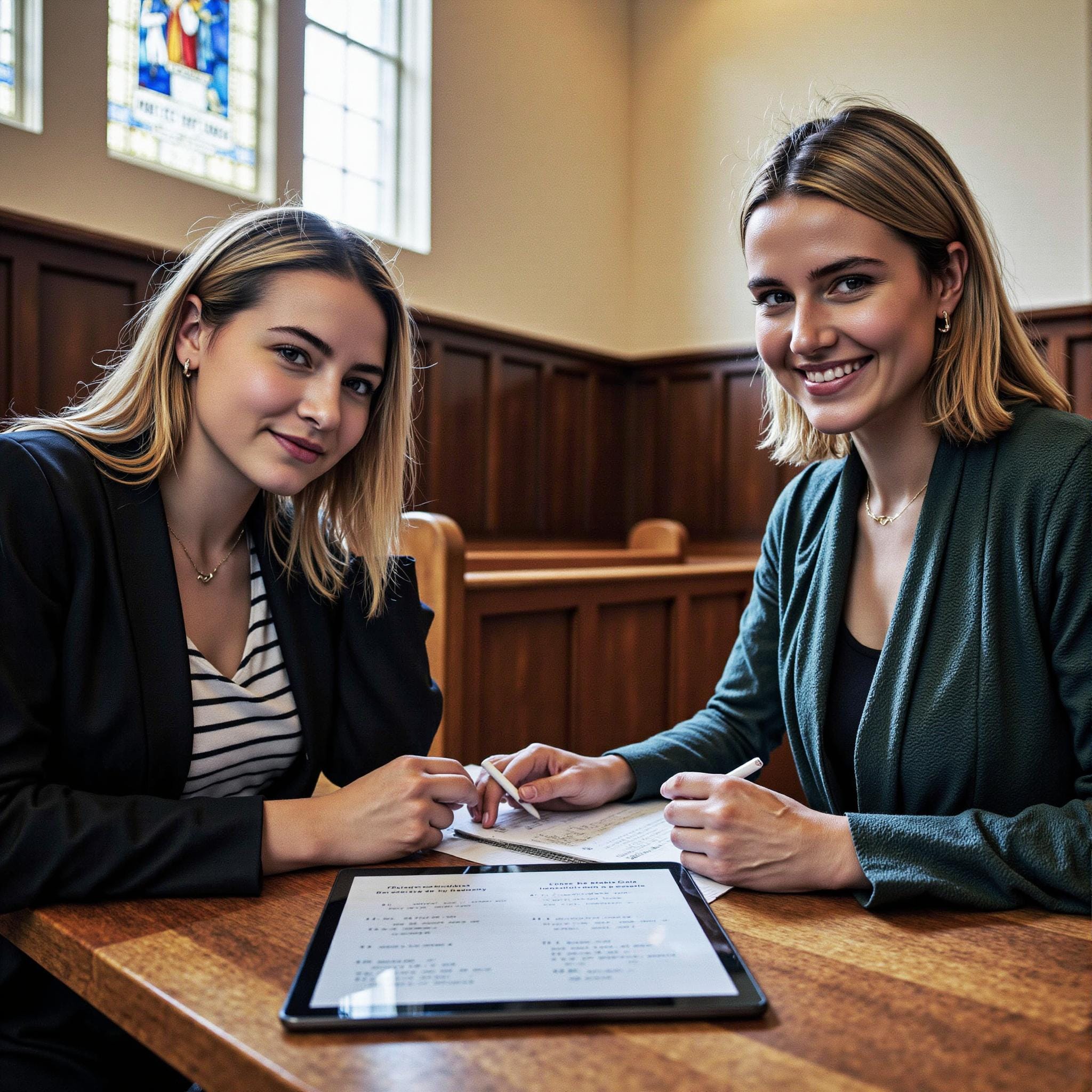 Church members engaging with a digital directory related to Multilingual Church Directory Development: Serving Diverse Language Communities in an indoor setting