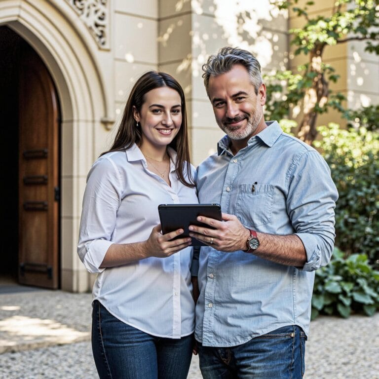 Church members engaging with a digital directory related to Emergency Contact Management: Critical Information Systems in Church Directories in an outdoor setting