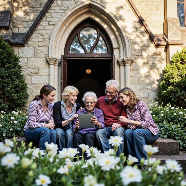 Church members engaging with a digital directory related to Support Network Mapping: Using Church Directories to Create Care Communities in an outdoor setting