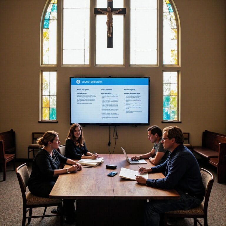 Church members engaging with a digital directory related to Mission Trip Logistics: Church Directory Applications for Team Coordination in an indoor setting