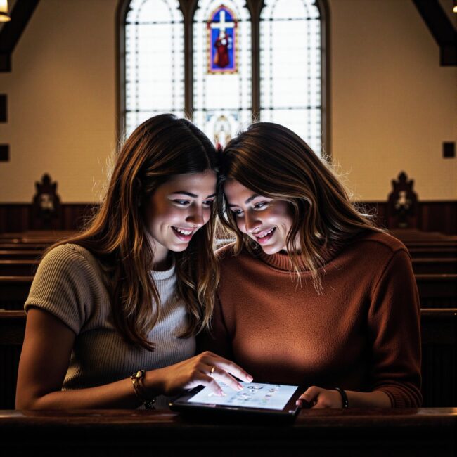 Church members engaging with a digital directory related to Inter-Church Collaboration Platform: Shared Church Directory Strategies for Ministry in an indoor setting