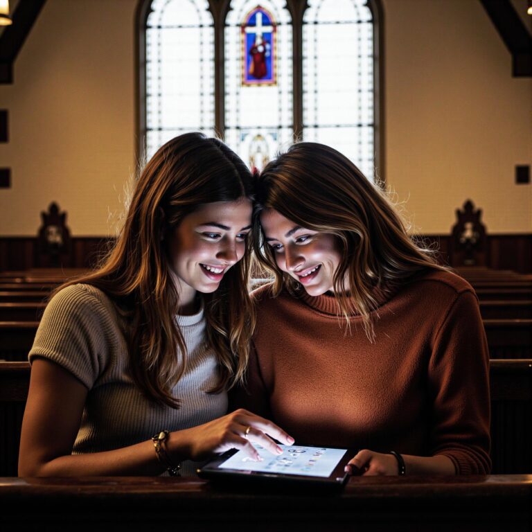 Church members engaging with a digital directory related to Inter-Church Collaboration Platform: Shared Church Directory Strategies for Ministry in an indoor setting
