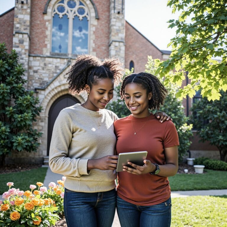 Church members engaging with a digital directory related to Prayer Request Integration: Spiritual Support Networks in Church Directories in an outdoor setting