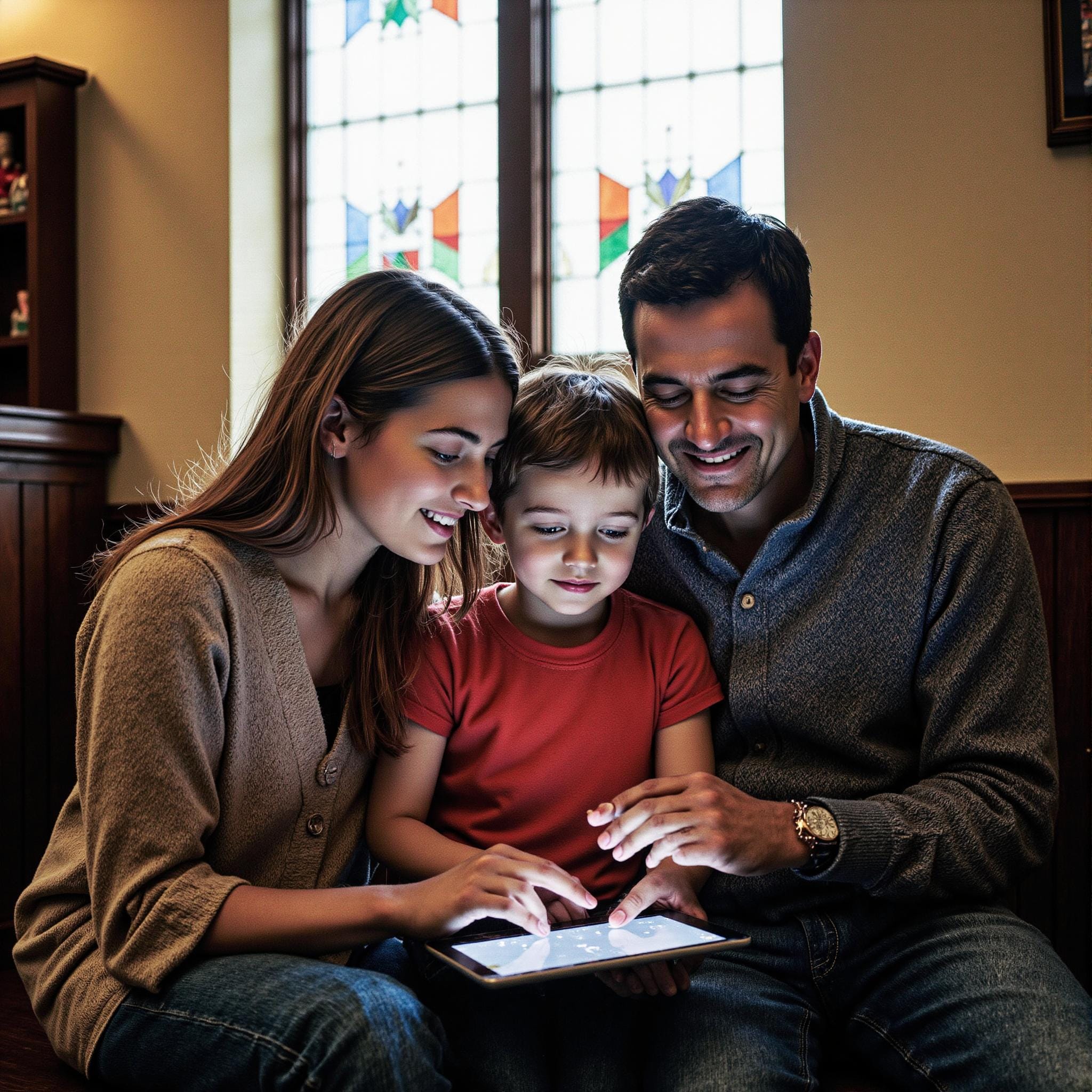 BLOG_000000290 Church members engaging with a digital directory related to Parent Communication Hub: Church Directory Applications for Youth Ministry Families in an indoor setting