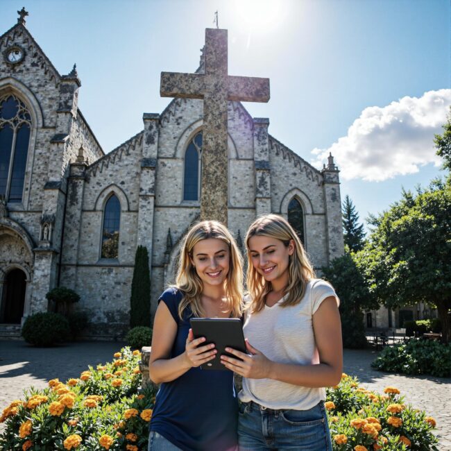 Church members engaging with a digital directory related to Story-Driven Community Building: Testimony Integration in Church Directories in an outdoor setting