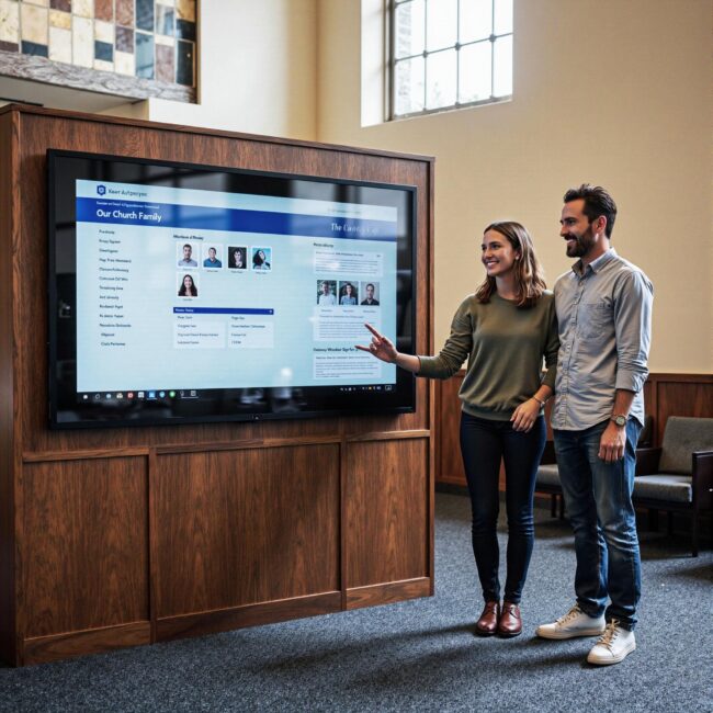 Church members engaging with a digital directory related to Digital Engagement Architecture: Interactive Elements for Modern Church Directories in an indoor setting