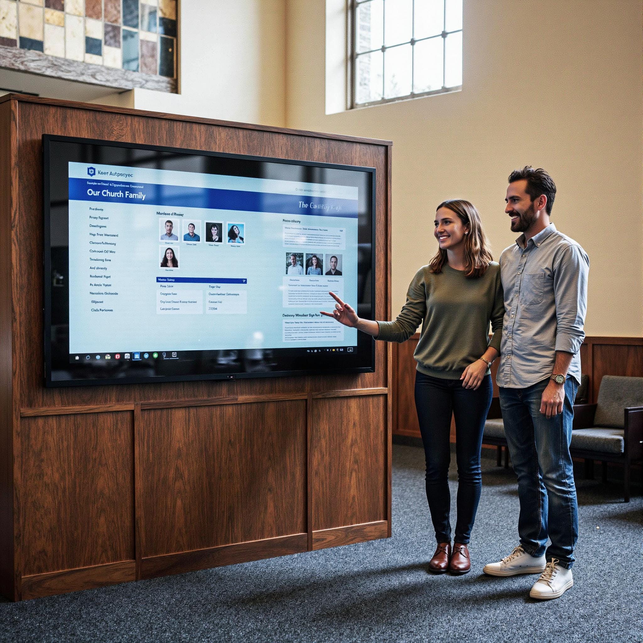 Church members engaging with a digital directory related to Digital Engagement Architecture: Interactive Elements for Modern Church Directories in an indoor setting