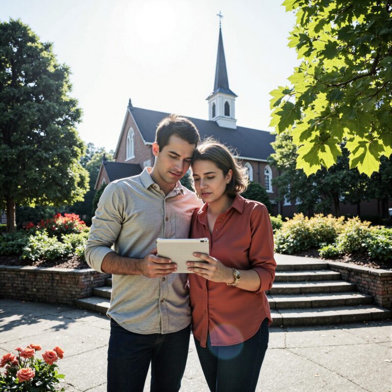 Church members engaging with a digital directory related to Church Directory Audit Framework: Systematic Accuracy and Relevance Assessment in an outdoor setting