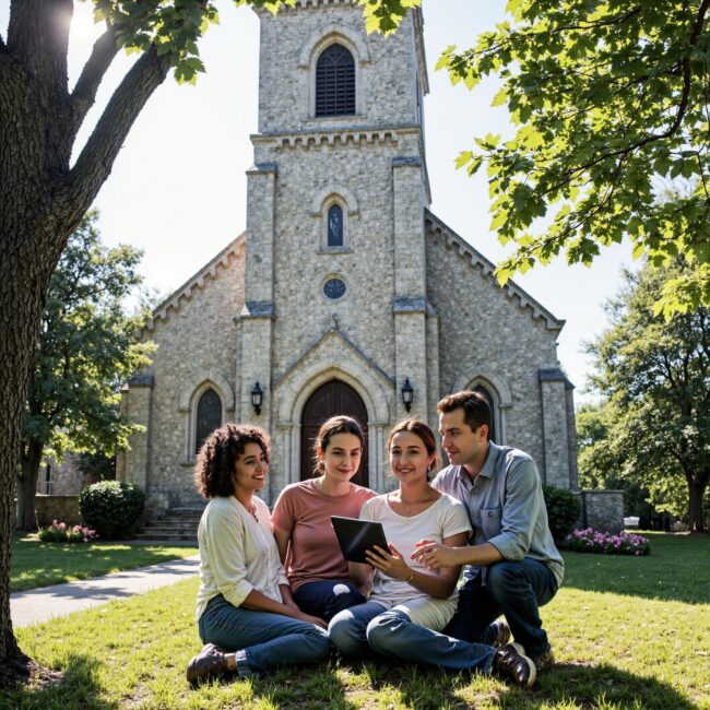 Church members engaging with a digital directory related to Belonging Culture Development: Inclusivity Strategies Through Church Directories in an outdoor setting