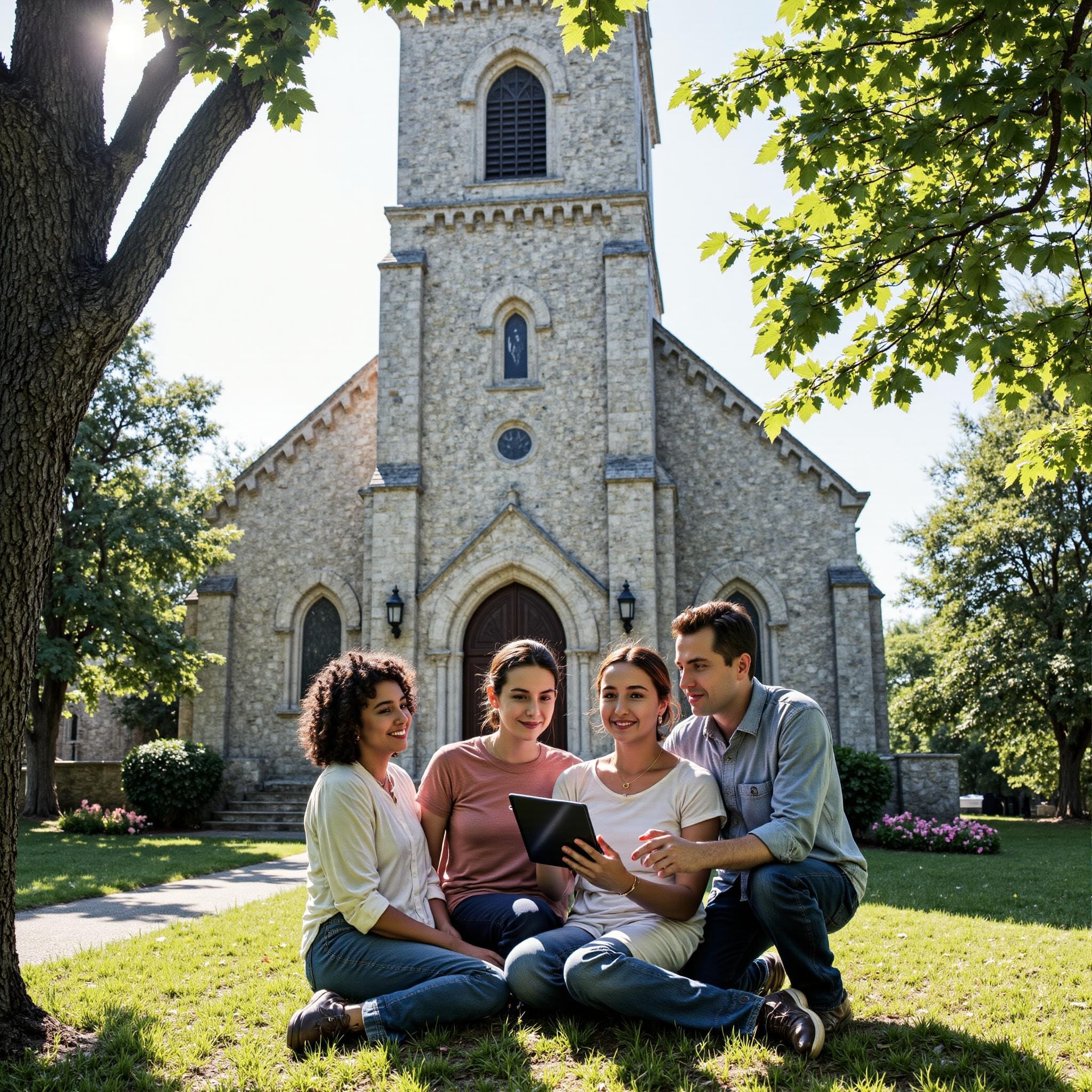 Church members engaging with a digital directory related to Belonging Culture Development: Inclusivity Strategies Through Church Directories in an outdoor setting