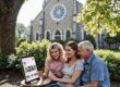 Church members engaging with a digital directory related to Multi-Campus Communication: Church Directory Solutions for Complex Church Networks in an outdoor setting