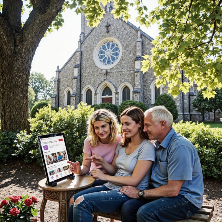 Church members engaging with a digital directory related to Multi-Campus Communication: Church Directory Solutions for Complex Church Networks in an outdoor setting