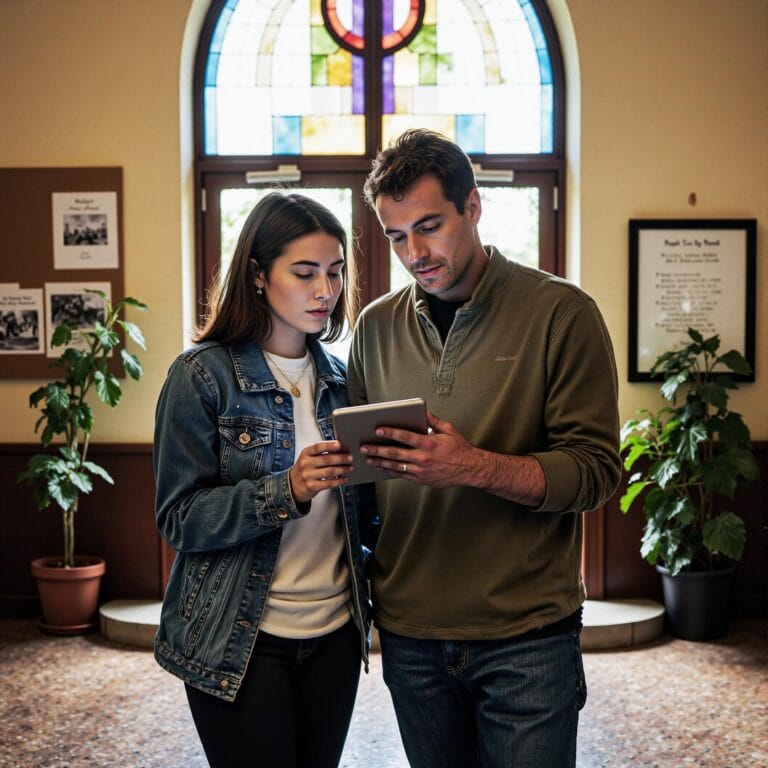 Church members engaging with a digital directory related to Environmental Initiative Support: Sustainability Promotion Through Church Directories in an indoor setting