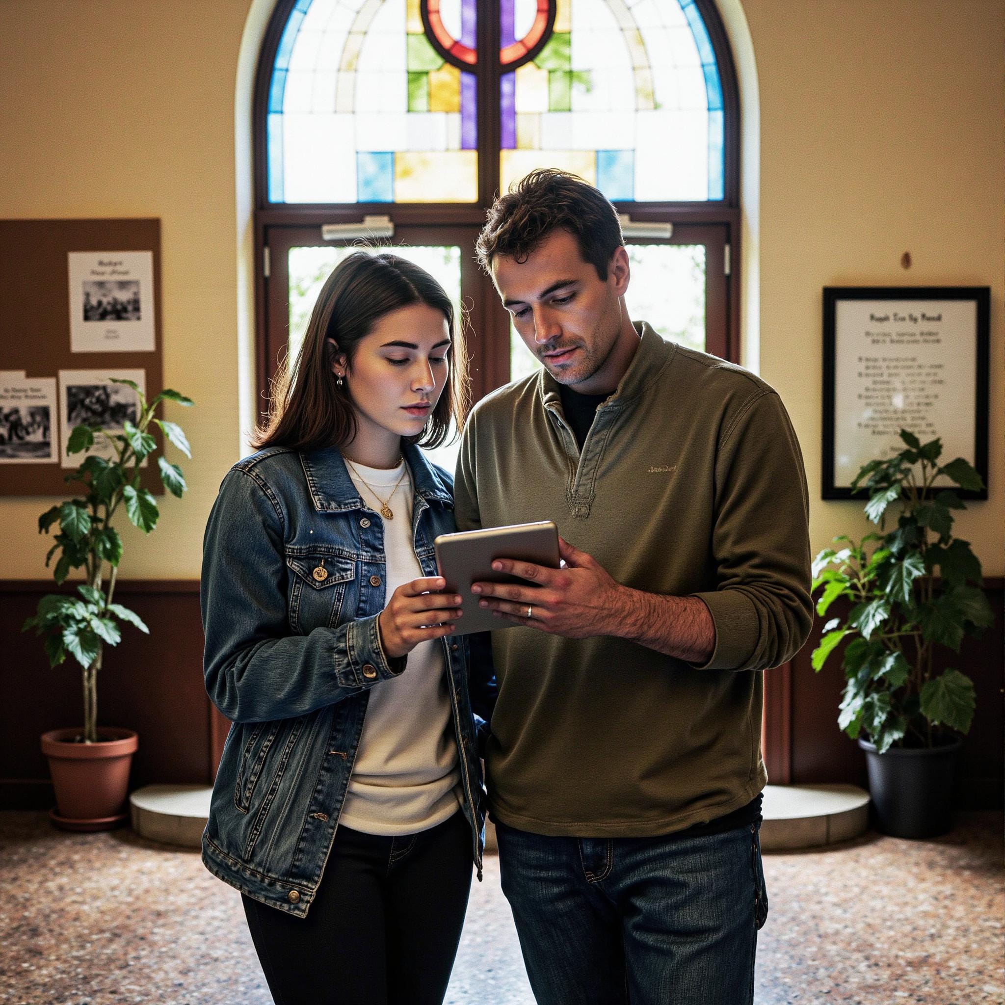 Church members engaging with a digital directory related to Environmental Initiative Support: Sustainability Promotion Through Church Directories in an indoor setting