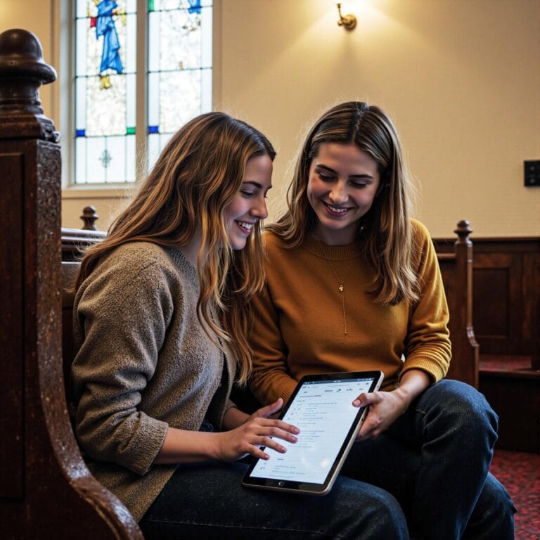 Church members engaging with a digital directory related to Community Partnership Development: Church Directory Systems for Local Collaboration in an indoor setting